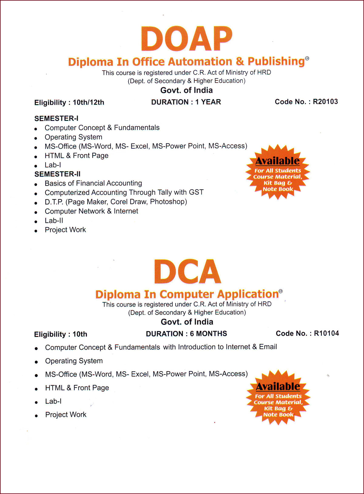 Govt. Approved Courses (DOAAC)
