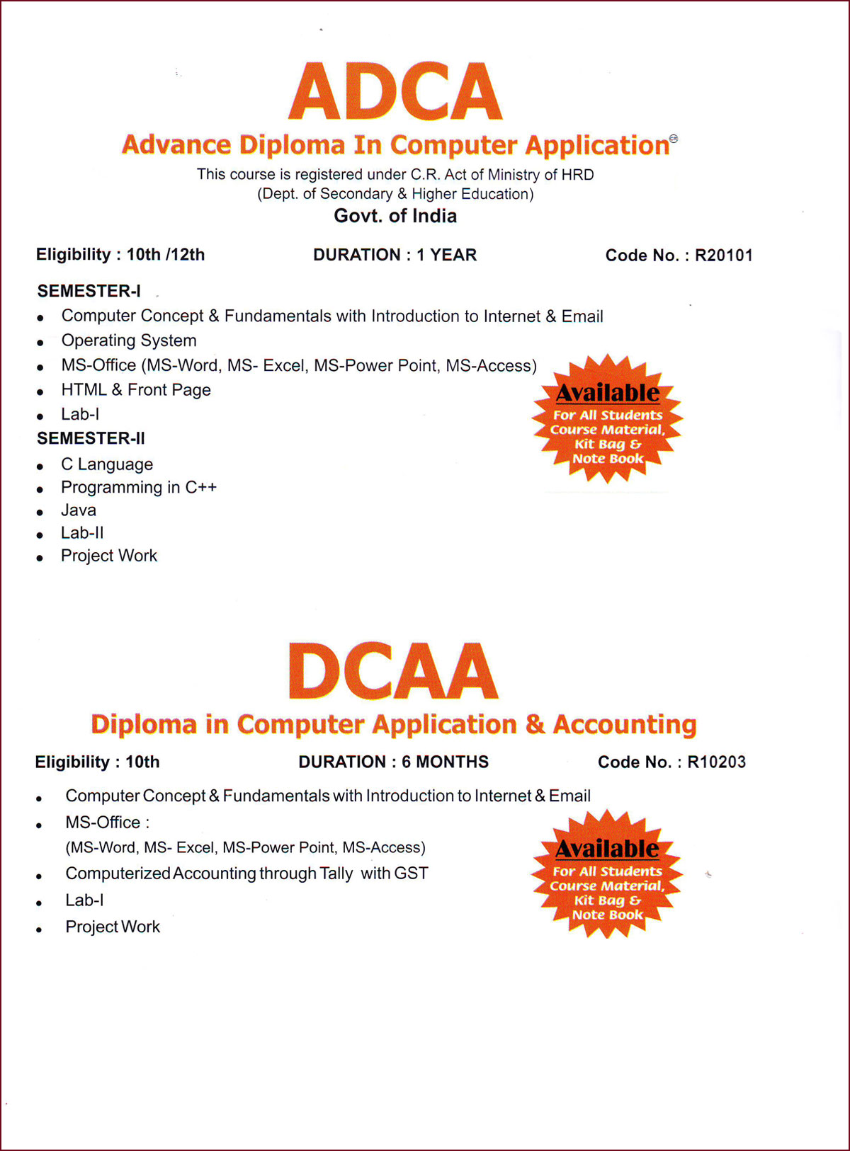 Govt. Approved Courses (DOAAC)